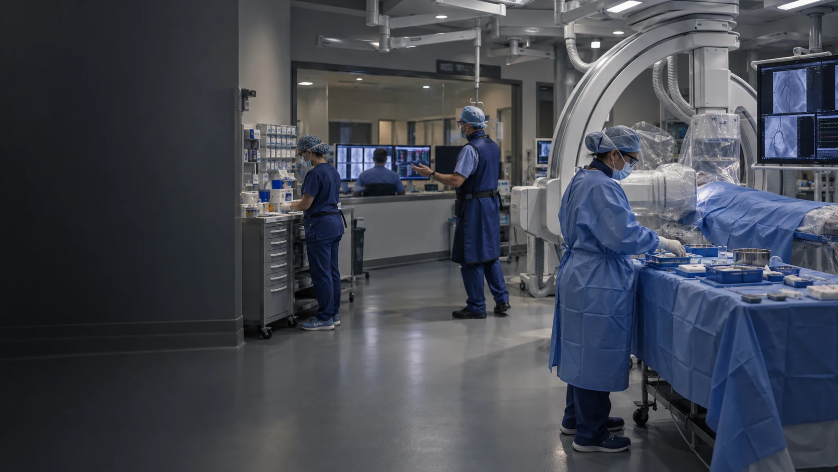 A multidisciplinary procedural team preparing a modern interventional suite.